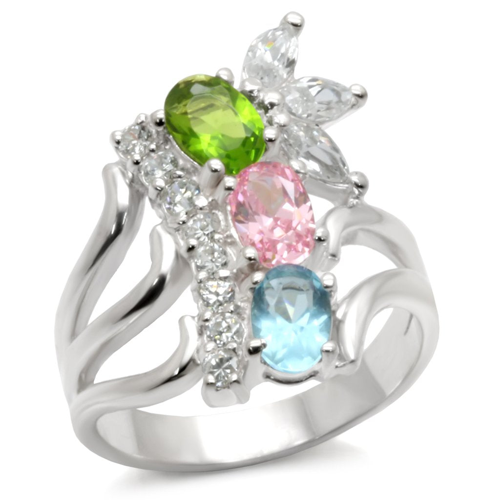 High Polished 925 Sterling Silver Ring with AAA Grade CZ in Multi Color