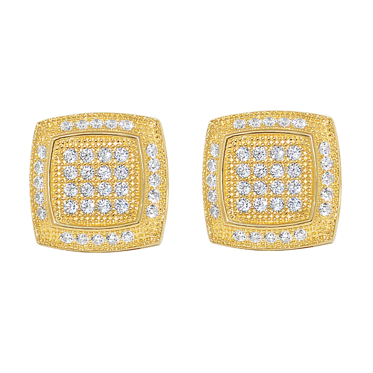 Genuine 14k Yellow Gold 10mm Unisex Square Shaped Micro Pave Cubic Zirconia CZ Stud Earrings
