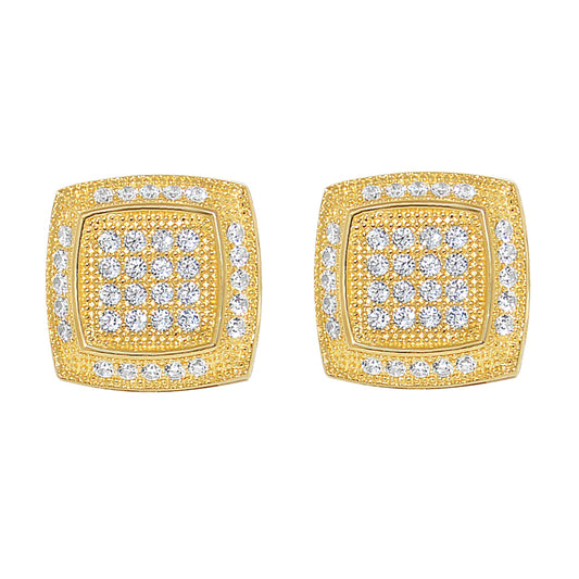 Genuine 14k Yellow Gold 10mm Unisex Square Shaped Micro Pave Cubic Zirconia CZ Stud Earrings