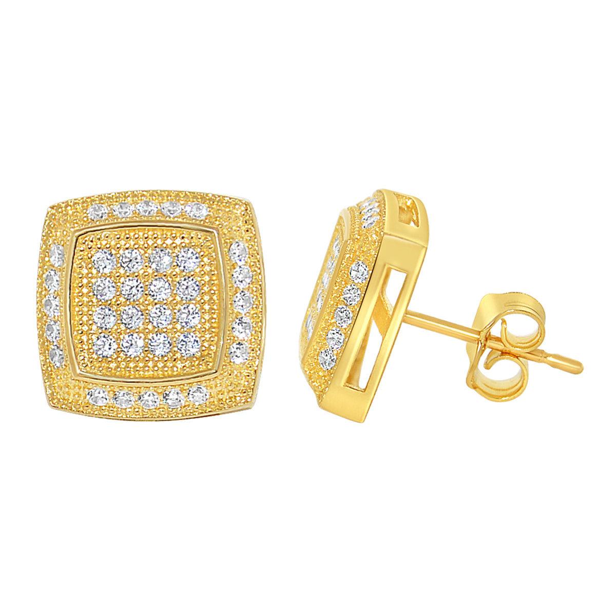 Genuine 14k Yellow Gold 10mm Unisex Square Shaped Micro Pave Cubic Zirconia CZ Stud Earrings