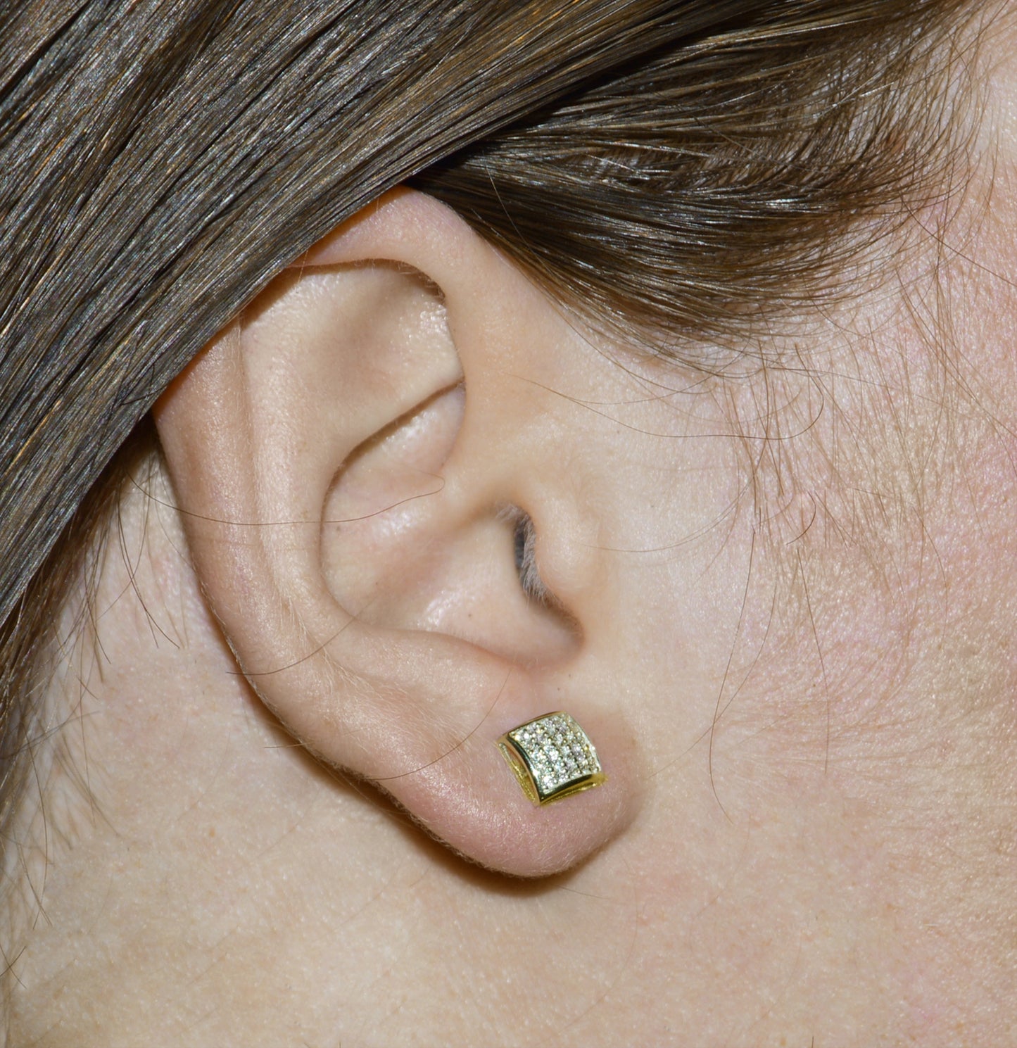 Genuine 14k Yellow Gold 7mm Unisex Square Shaped Micro Pave Cubic Zirconia CZ Stud Earrings