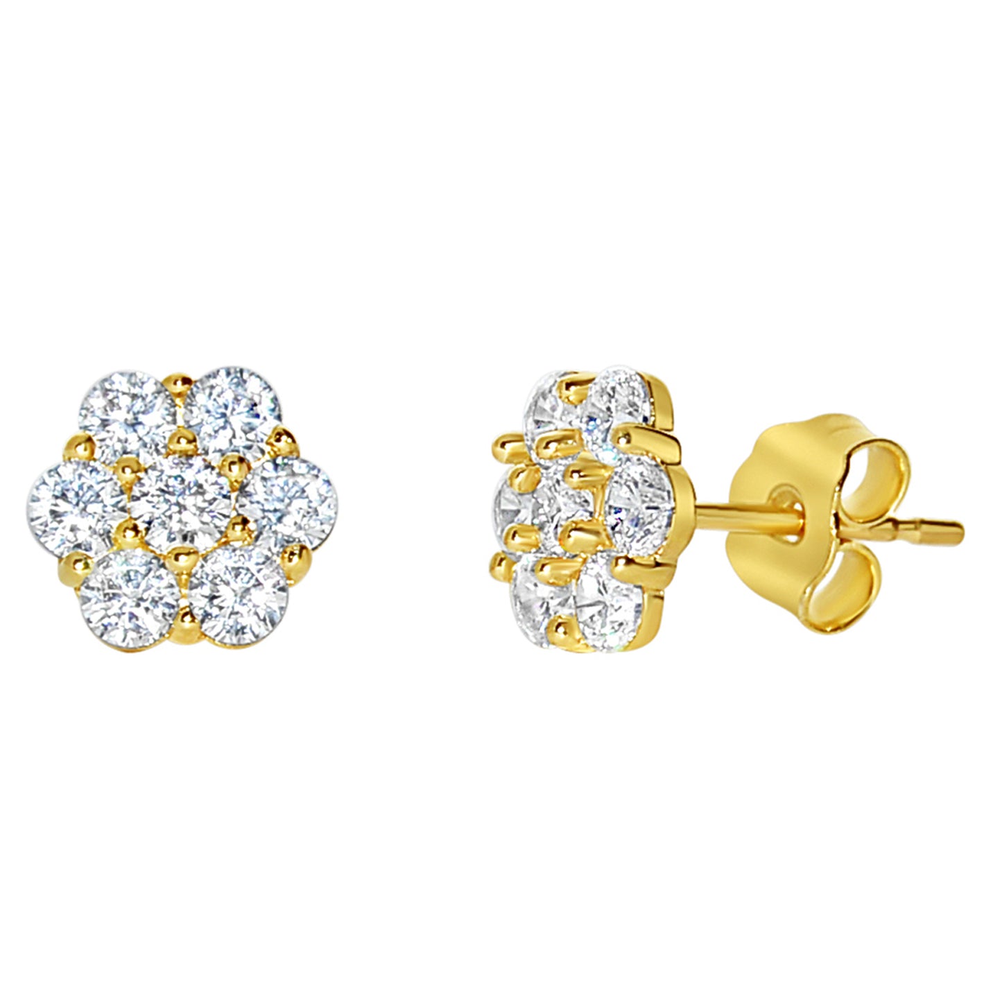 Genuine 14k Yellow Gold 7mm Cubic Zirconia CZ Flower Cluster Women's Earring Studs