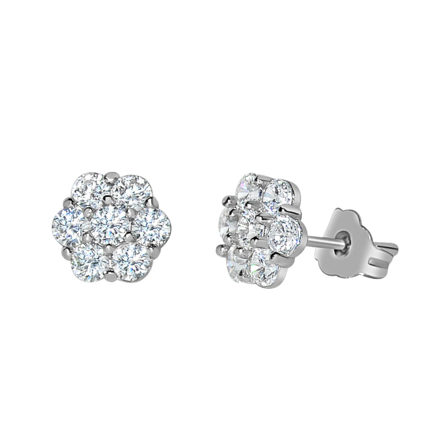 Genuine 14k White Gold 7mm Cubic Zirconia CZ Flower Cluster Women's Earring Studs