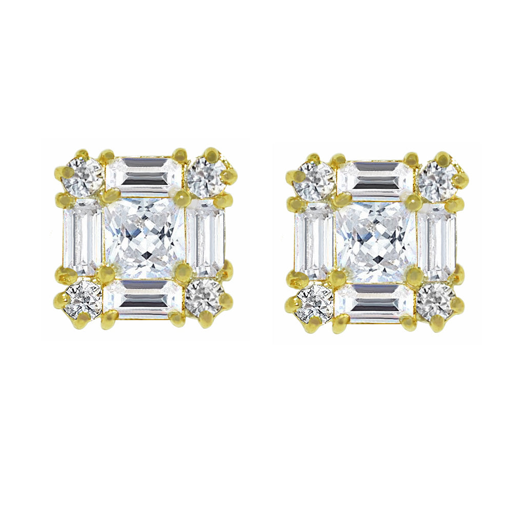 Genuine 14k Yellow Gold 7mm Square Cubic Zirconia CZ Cluster Unisex Earring Studs