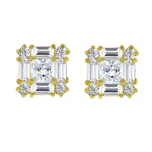 Genuine 14k Yellow Gold 7mm Square Cubic Zirconia CZ Cluster Unisex Earring Studs