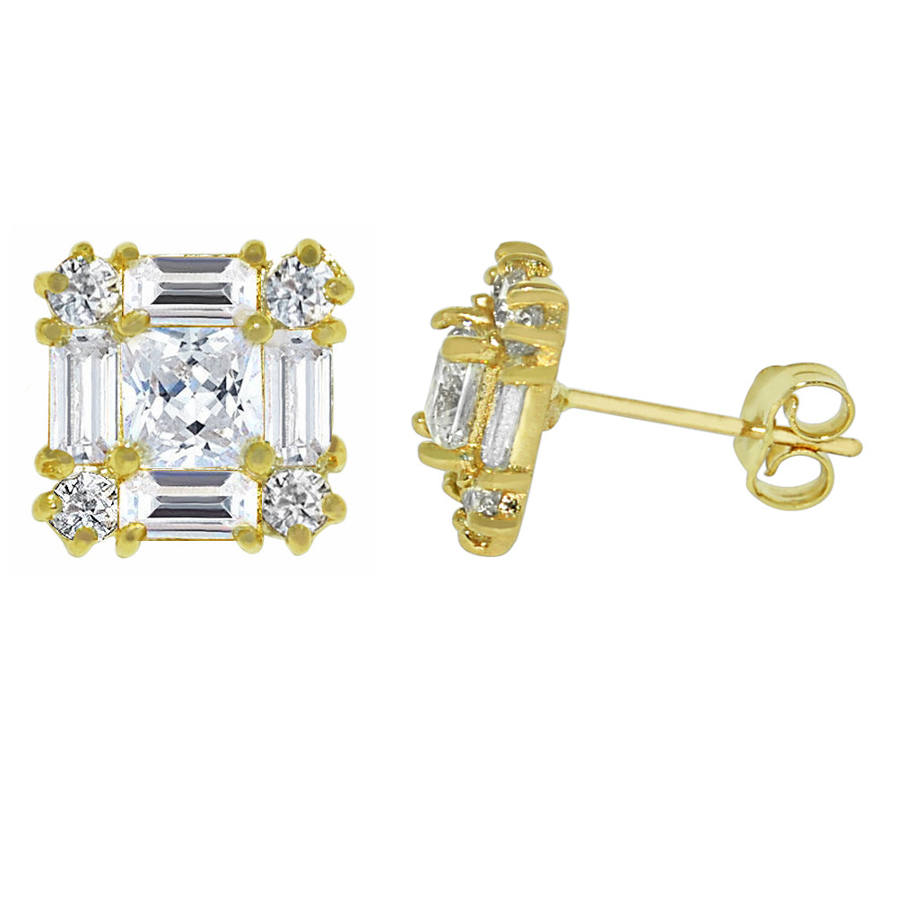 Genuine 14k Yellow Gold 7mm Square Cubic Zirconia CZ Cluster Unisex Earring Studs