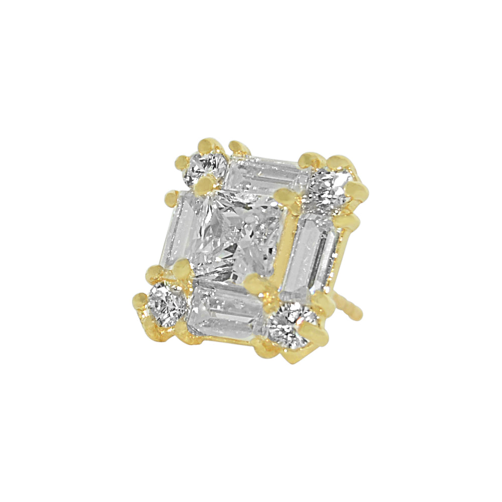 Genuine 14k Yellow Gold 7mm Square Cubic Zirconia CZ Cluster Unisex Earring Studs