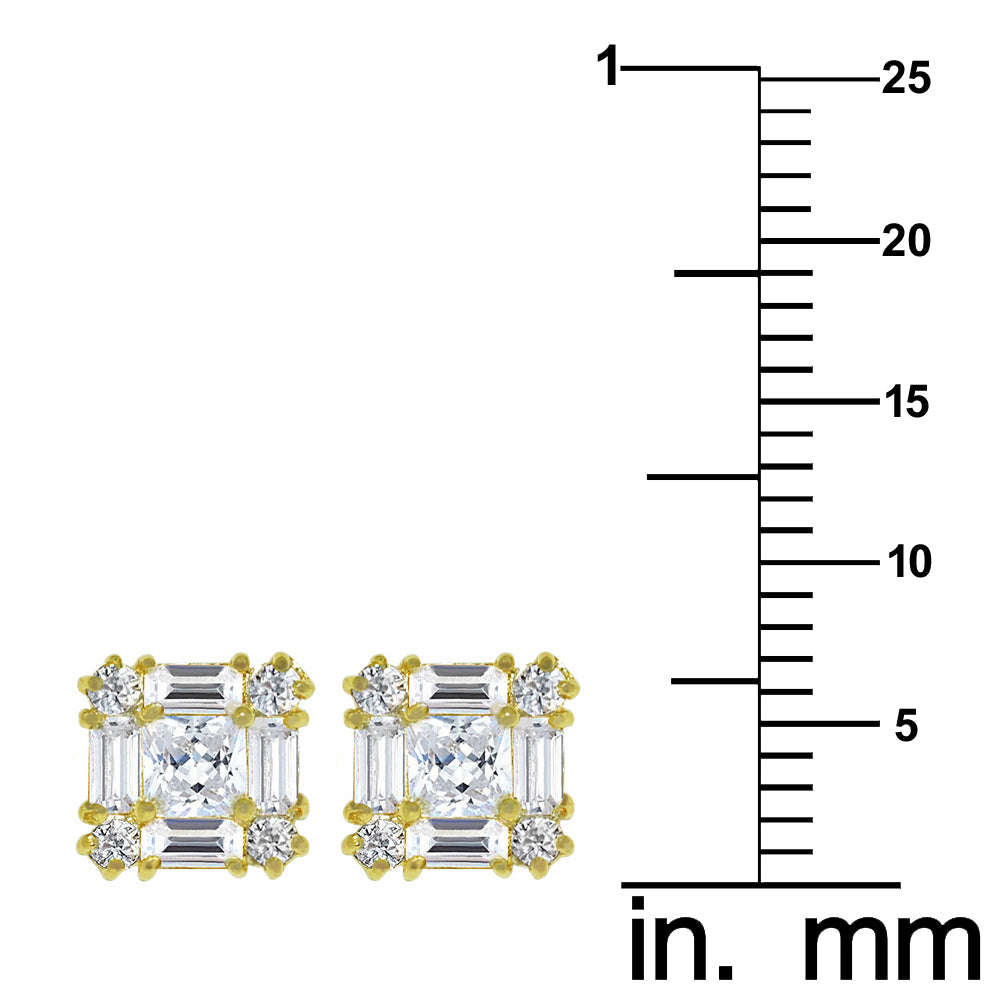 Genuine 14k Yellow Gold 7mm Square Cubic Zirconia CZ Cluster Unisex Earring Studs