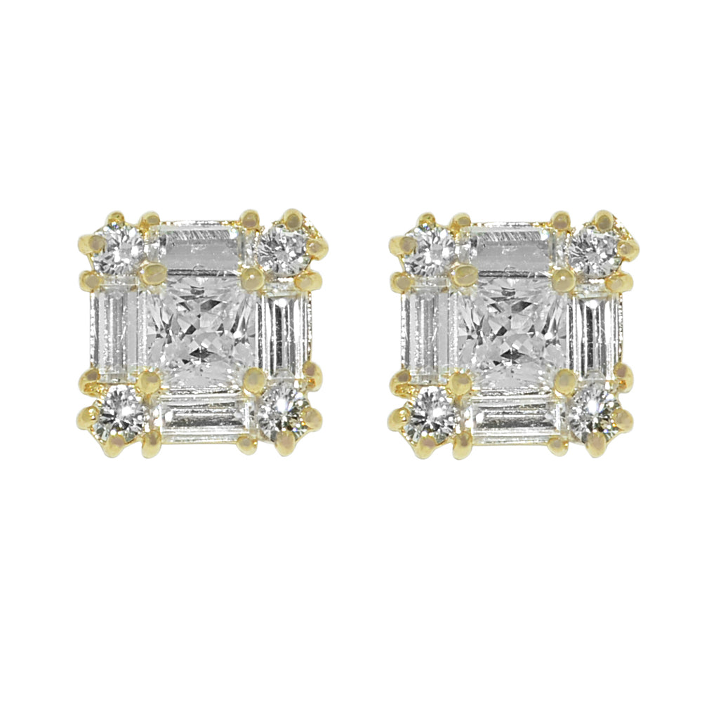 Genuine 14k Yellow Gold 9.3mm Square Cubic Zirconia CZ Cluster Unisex Earring Studs