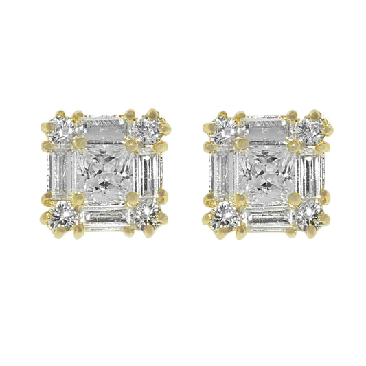 Genuine 14k Yellow Gold 9.3mm Square Cubic Zirconia CZ Cluster Unisex Earring Studs