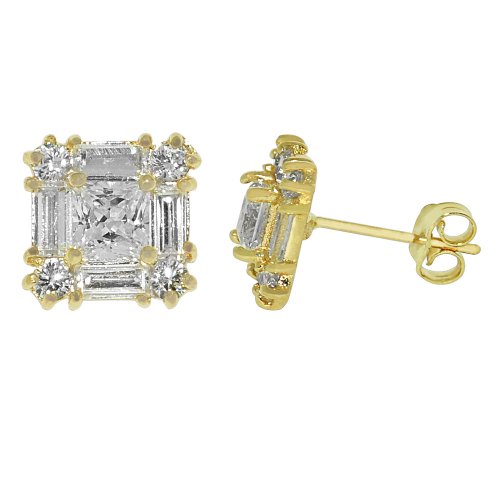Genuine 14k Yellow Gold 9.3mm Square Cubic Zirconia CZ Cluster Unisex Earring Studs