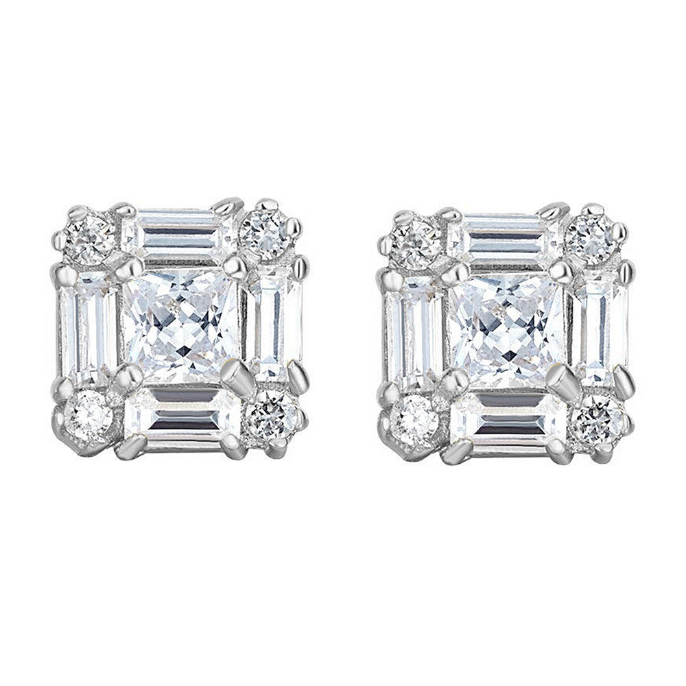 Genuine 14k White Gold 9.3mm Square Cubic Zirconia CZ Cluster Unisex Earring Studs