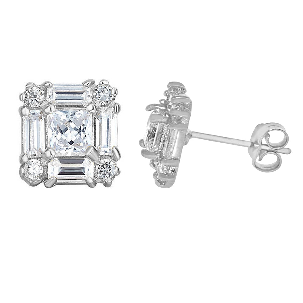 Genuine 14k White Gold 9.3mm Square Cubic Zirconia CZ Cluster Unisex Earring Studs