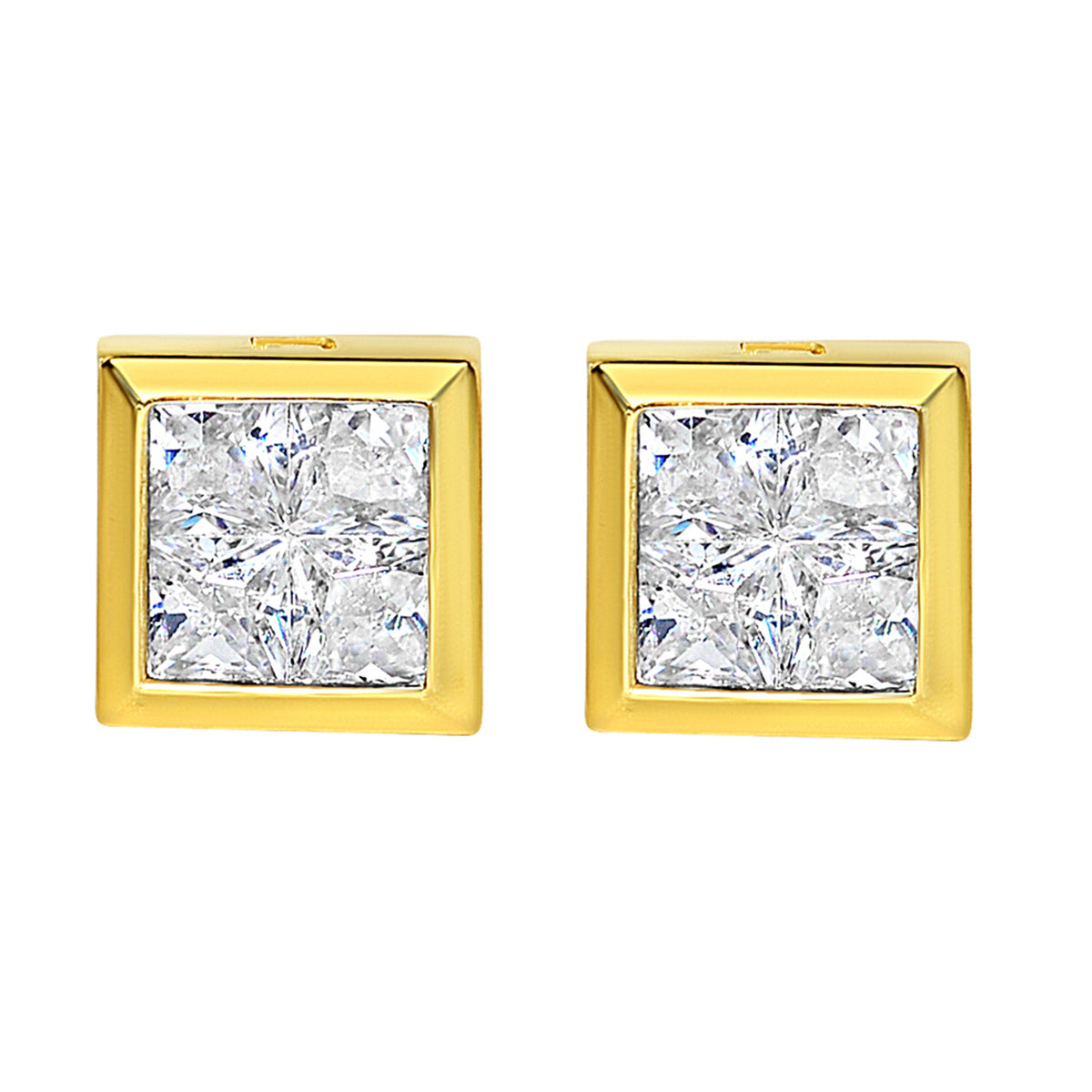 Genuine 14k Yellow Gold 6mm Invisible-Set Unisex Square Shaped Micro Pave Cubic Zirconia CZ Stud Earrings