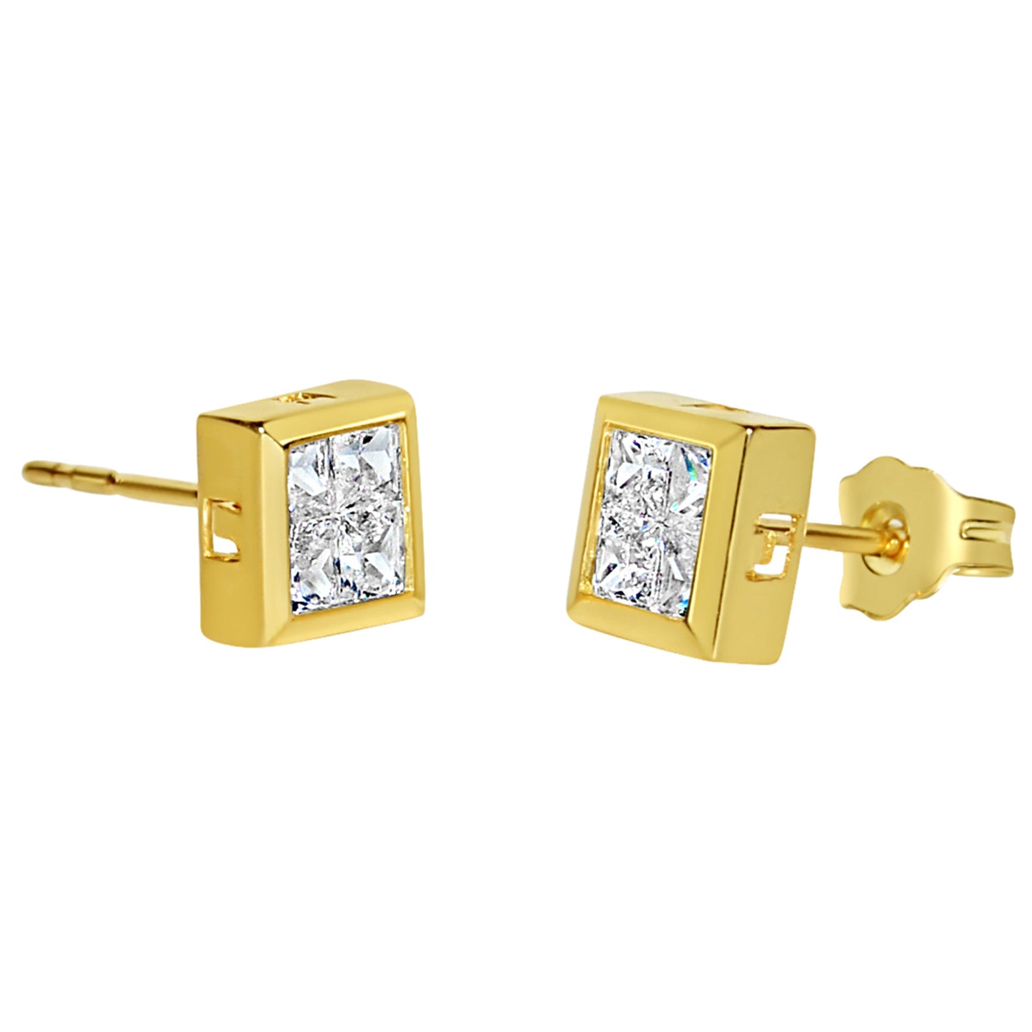 Genuine 14k Yellow Gold 6mm Invisible-Set Unisex Square Shaped Micro Pave Cubic Zirconia CZ Stud Earrings