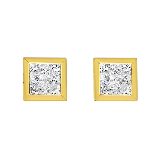 Genuine 14k Yellow Gold 7.25mm Unisex Square Shaped Micro Pave Cubic Zirconia CZ Stud Earrings