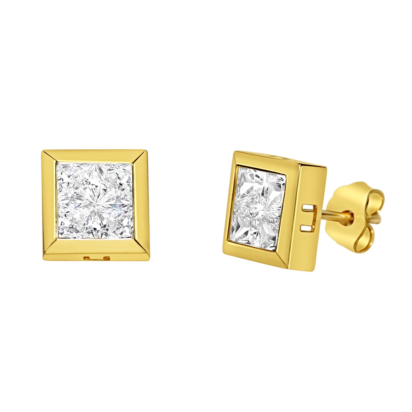 Genuine 14k Yellow Gold 7.25mm Unisex Square Shaped Micro Pave Cubic Zirconia CZ Stud Earrings
