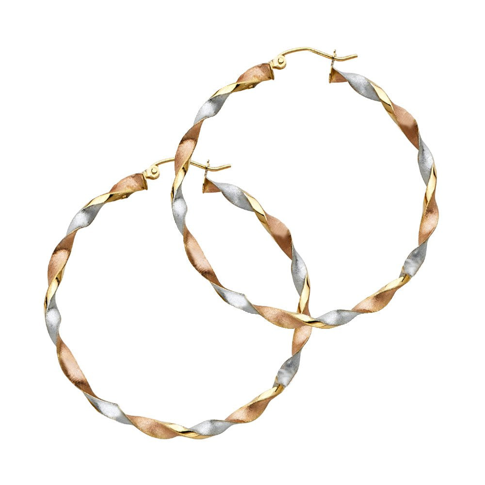 Genuine 14K Tri-tone Gold Large Twisted Hoop Earrings For Women - 45mm Diameter
