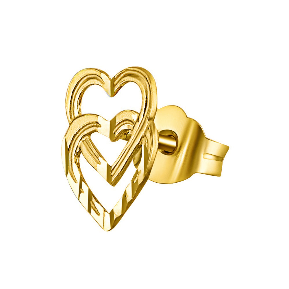 Genuine 14k Yellow Gold 6mm x 9mm Diamond-cut Double Heart Ladies Earring Studs