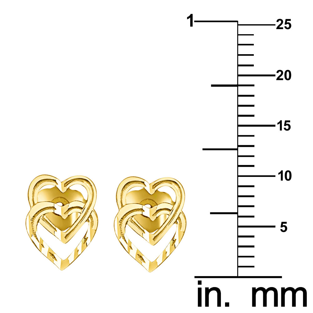 Genuine 14k Yellow Gold 6mm x 9mm Diamond-cut Double Heart Ladies Earring Studs