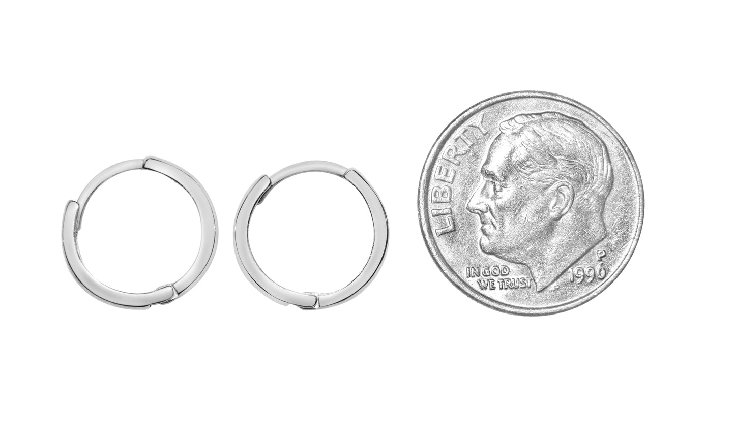 Genuine 14k White Gold 2mm Wide Small Hinged Hoop Earrings - 11mm Diameter