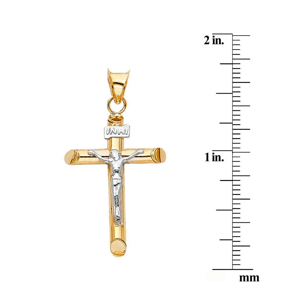 Genuine 14k Two-tone Gold 1.37" Hollow Tube Crucifix Pendant For Men or Women - Christian Jewelry, Religious Gifts
