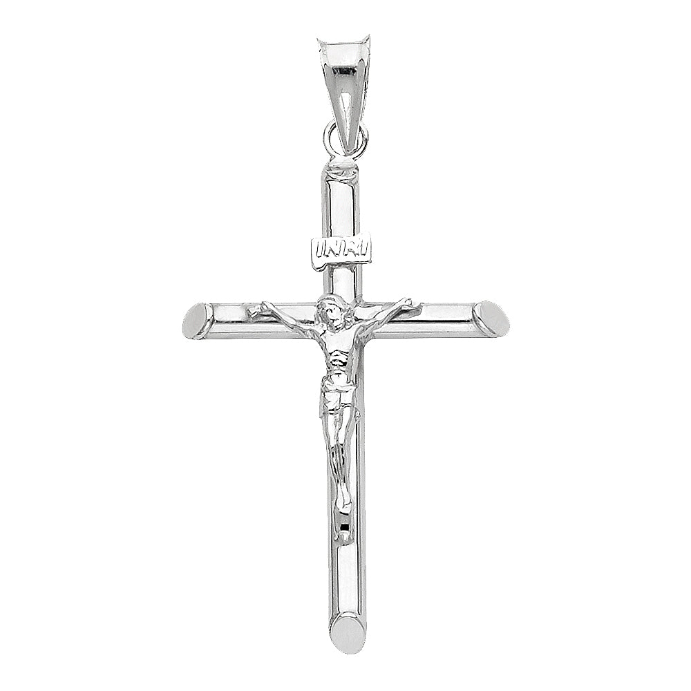Genuine 14k White Gold 1.57" Hollow Tube Crucifix Pendant For Men or Women - Christian Jewelry, Religious Gifts