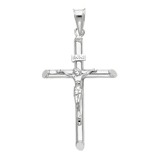 Genuine 14k White Gold 1.57" Hollow Tube Crucifix Pendant For Men or Women - Christian Jewelry, Religious Gifts