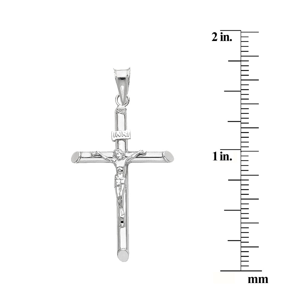 Genuine 14k White Gold 1.57" Hollow Tube Crucifix Pendant For Men or Women - Christian Jewelry, Religious Gifts