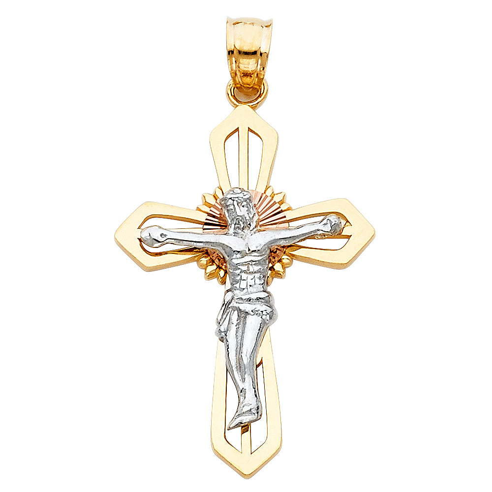 Genuine 14k Tri-tone Gold 1.37" Fancy Crucifix Religious Pendant For Men or Women - Christian Jewelry, Religious Gifts