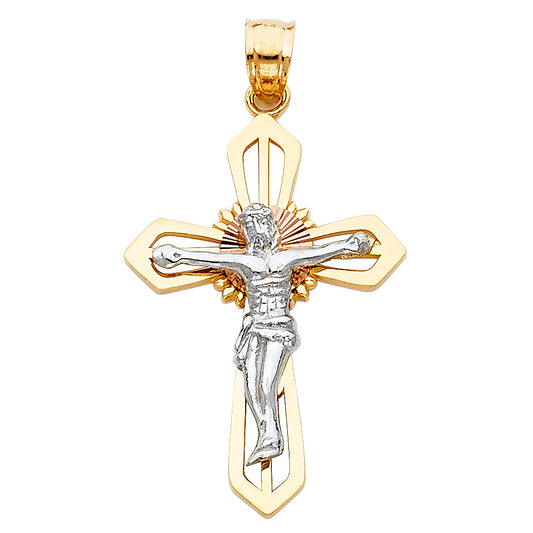 Genuine 14k Tri-tone Gold 1.37" Fancy Crucifix Religious Pendant For Men or Women - Christian Jewelry, Religious Gifts