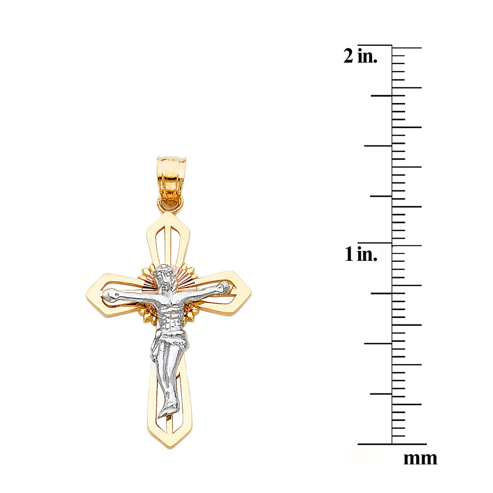 Genuine 14k Tri-tone Gold 1.37" Fancy Crucifix Religious Pendant For Men or Women - Christian Jewelry, Religious Gifts