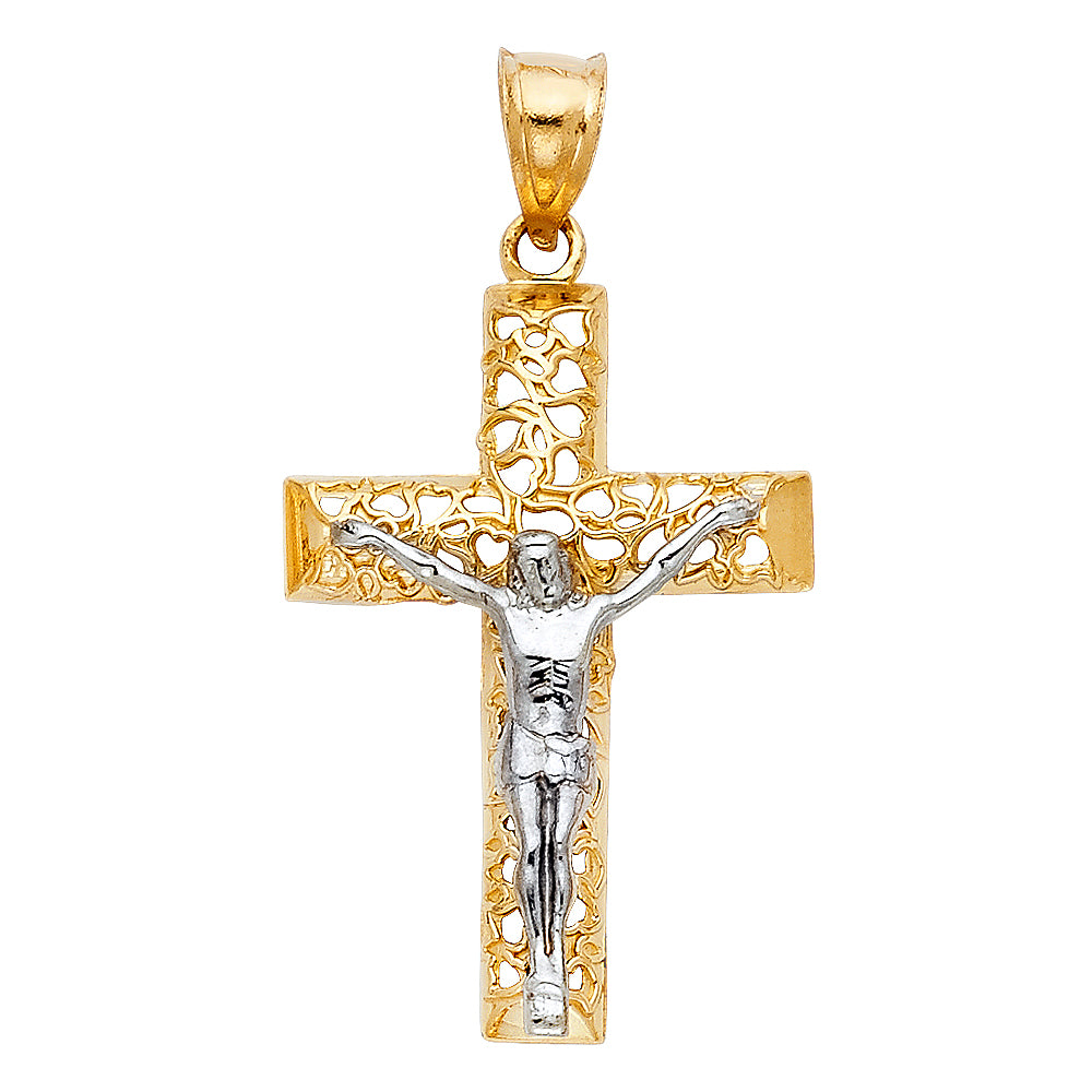 Genuine 14k Two-Tone Gold 1.37" Flat Cut-out Fancy Crucifix Religious Pendant For Men or Women - Christian Jewelry, Religious Gifts