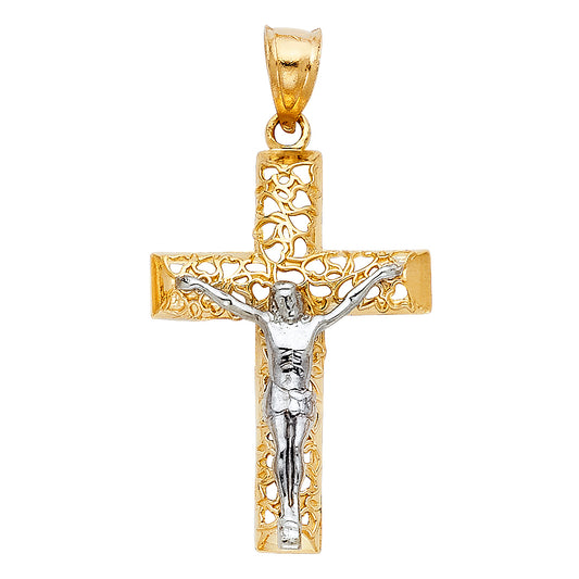 Genuine 14k Two-Tone Gold 1.37" Flat Cut-out Fancy Crucifix Religious Pendant For Men or Women - Christian Jewelry, Religious Gifts