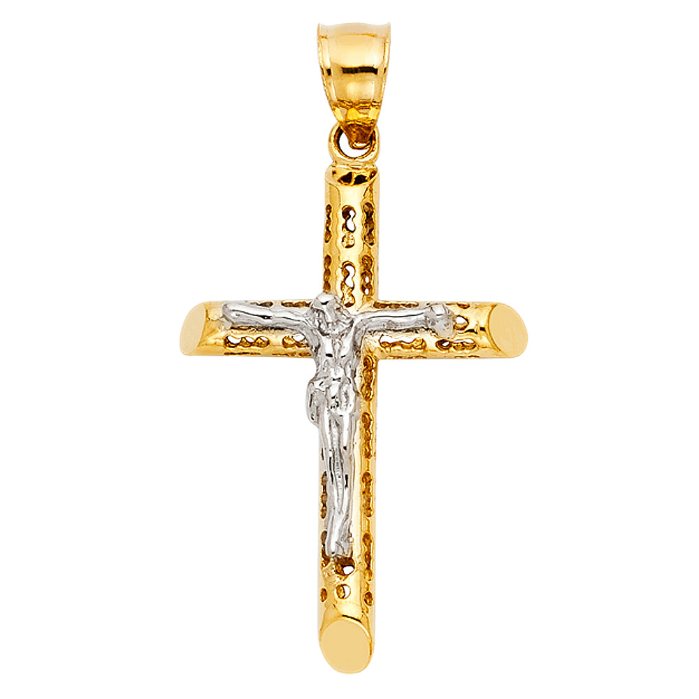 Genuine 14k Two-tone Gold 1.37" Cut-out Hollow Tube Crucifix Religious Pendant - Christian Jewelry, Religious Gifts