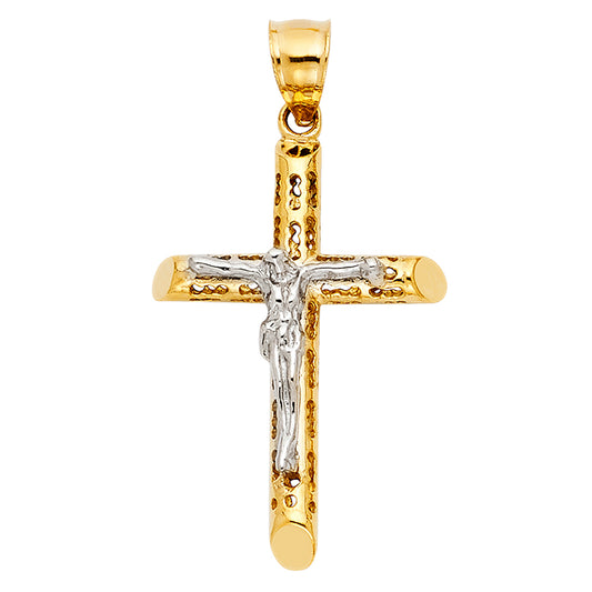 Genuine 14k Two-tone Gold 1.37" Cut-out Hollow Tube Crucifix Religious Pendant - Christian Jewelry, Religious Gifts