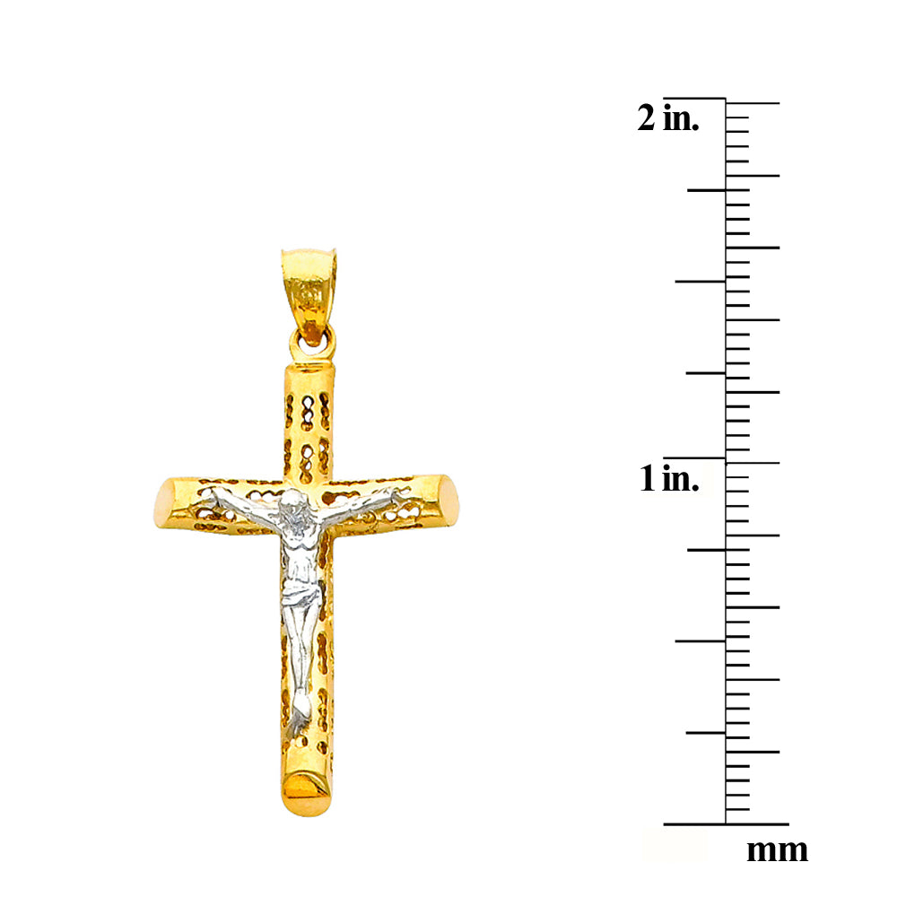 Genuine 14k Two-tone Gold 1.37" Cut-out Hollow Tube Crucifix Religious Pendant - Christian Jewelry, Religious Gifts