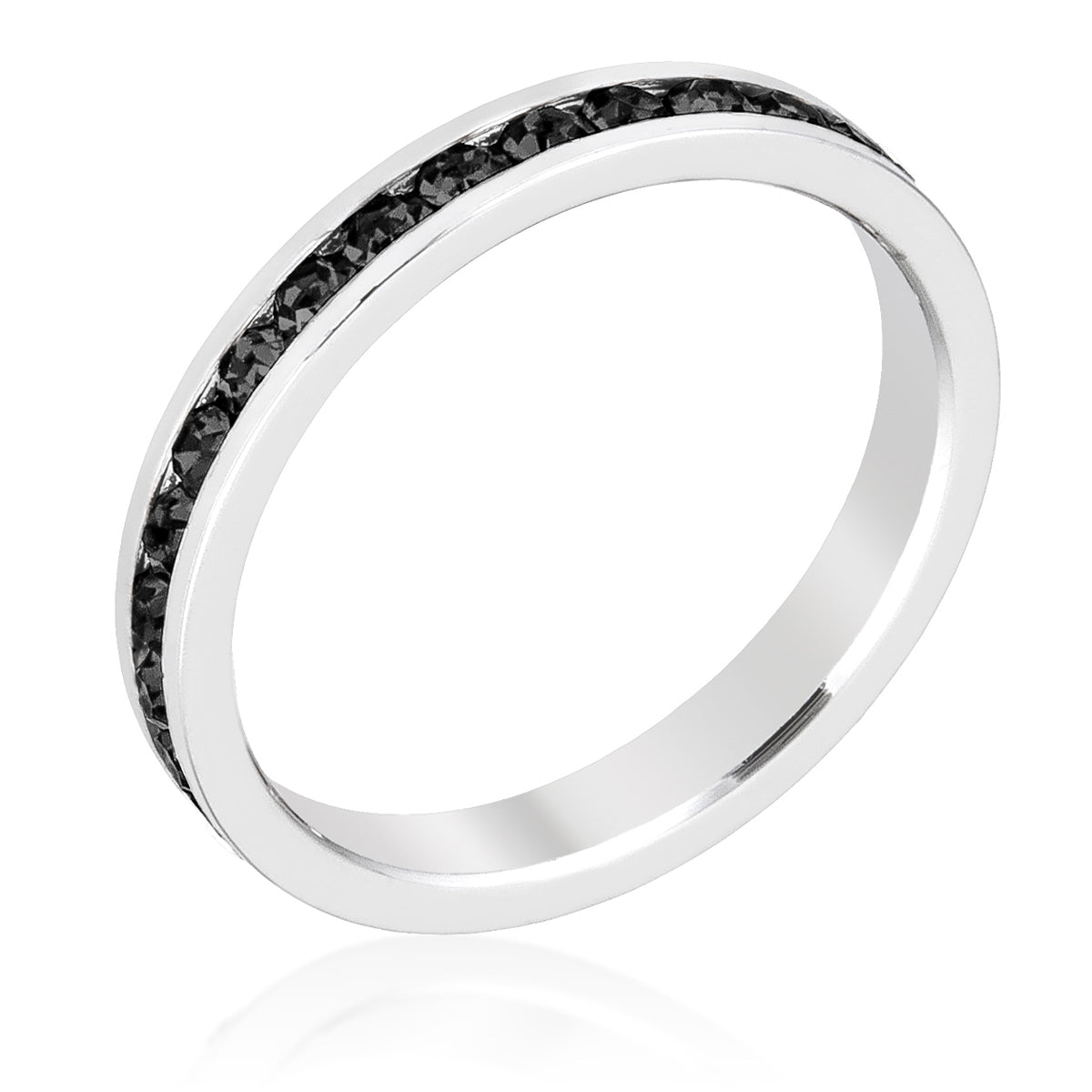 Silvertone Rhodium Plated Brass Round Black Crystal Stackable Eternity Ring