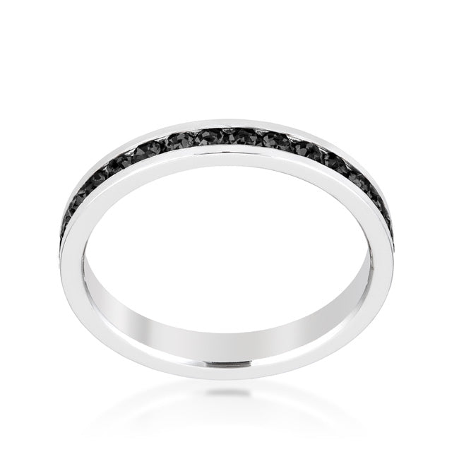 Silvertone Rhodium Plated Brass Round Black Crystal Stackable Eternity Ring