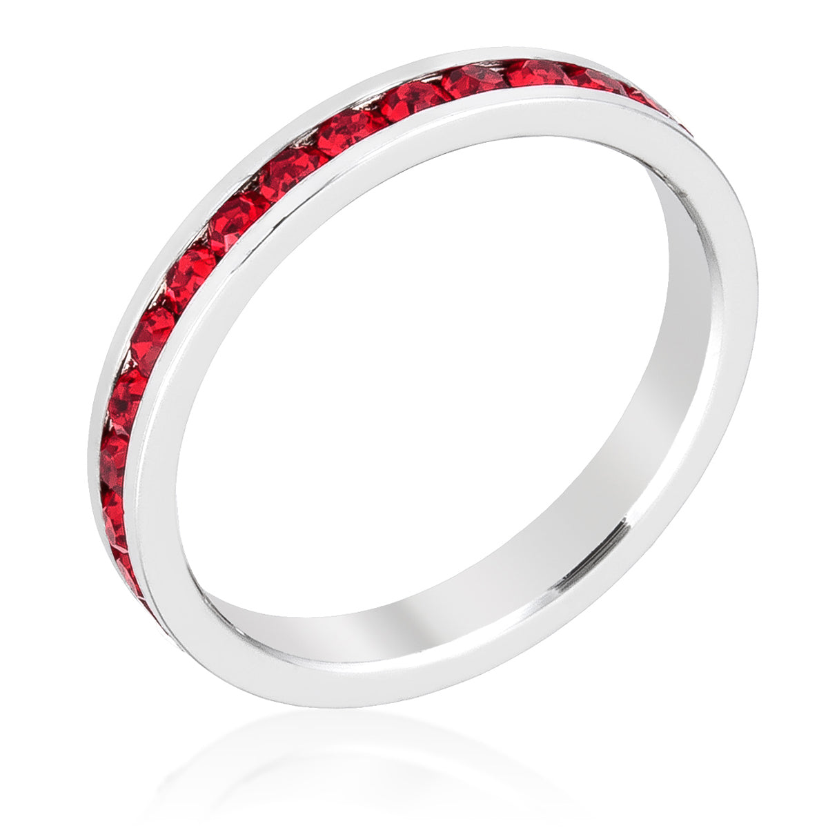 Silvertone Rhodium Plated Brass Round Red Crystal Stackable Eternity Ring