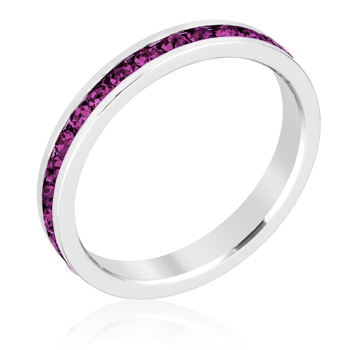 Silvertone Rhodium Plated Brass Round Purple Crystal Stackable Eternity Ring