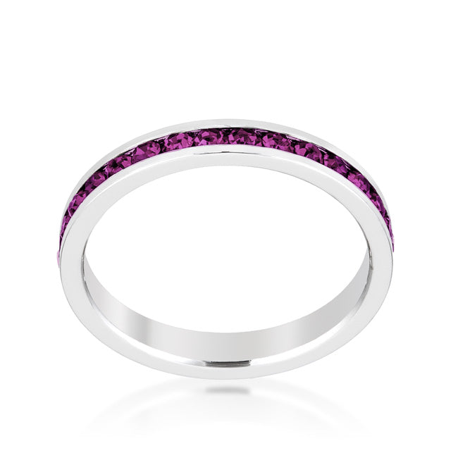 Silvertone Rhodium Plated Brass Round Purple Crystal Stackable Eternity Ring