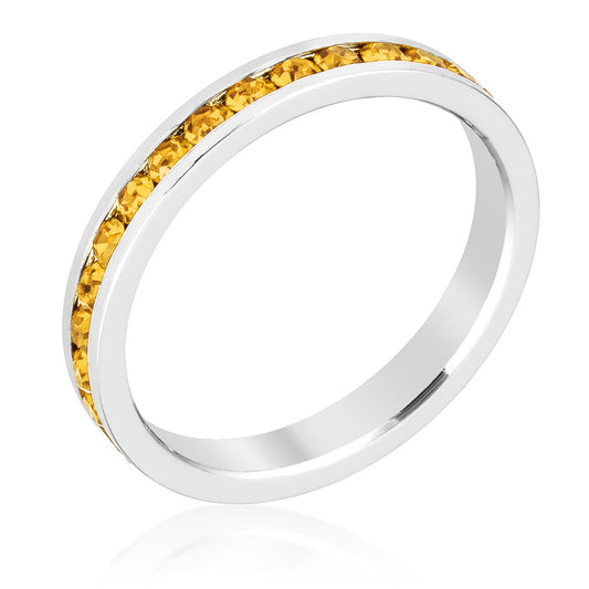 Silvertone Rhodium Plated Brass Round Yellow Crystal Stackable Eternity Ring