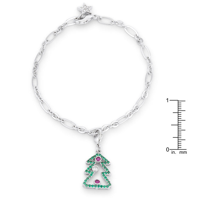 Silvertone Christmas Tree 0.35ct CZ Holiday Charm Bracelet