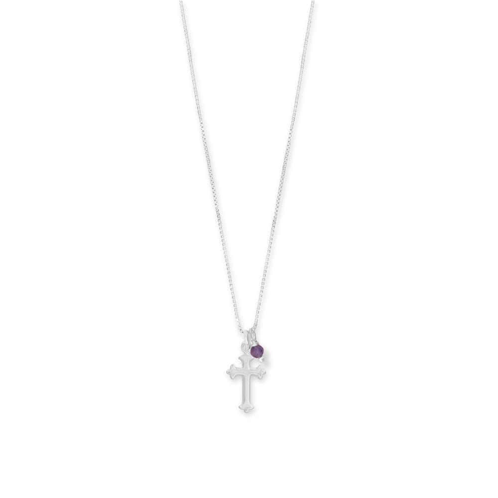 Sterling Silver Gemstone Birthstone and Cross Charm 16" Necklace