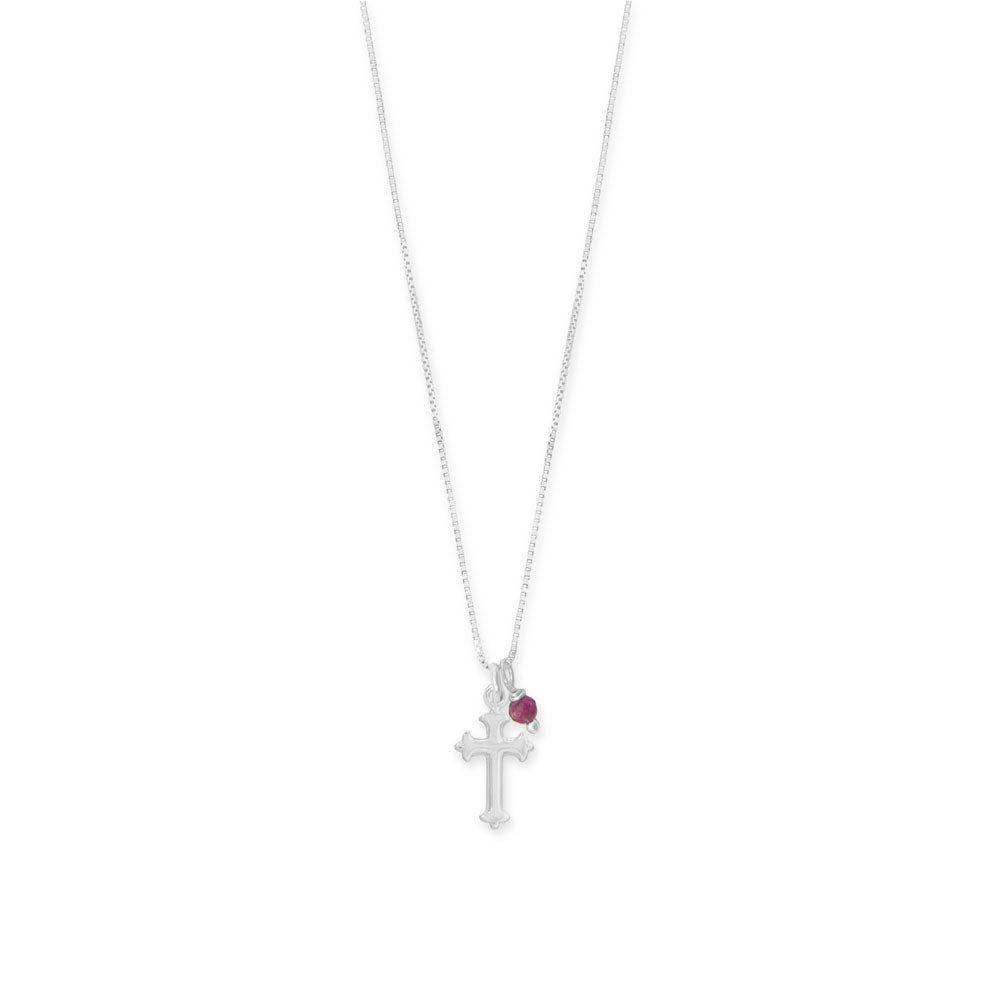 Sterling Silver Gemstone Birthstone and Cross Charm 16" Necklace