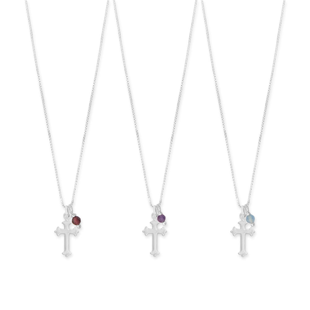 Sterling Silver Gemstone Birthstone and Cross Charm 16" Necklace