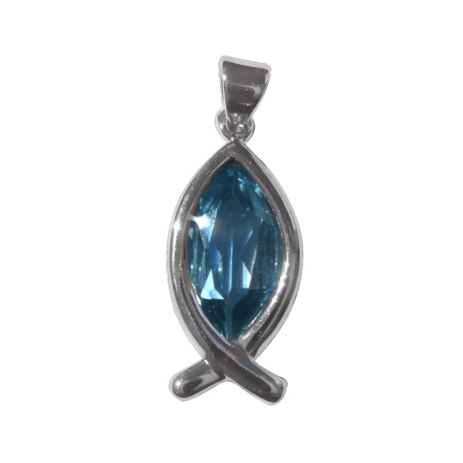 Sterling Silver Ichthus Jesus Fish Cross Pendant – Christian Religious Charm with Blue Cubic Zirconia – Inspirational Faith Jewelry for Women & Men