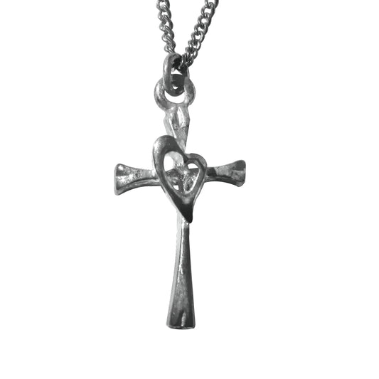 Oxidized Sterling Silver Cross Pendant with Open Heart Cut-Out – Vintage-Style Christian Charm for Necklaces – Rustic Religious Easter Gift for Women