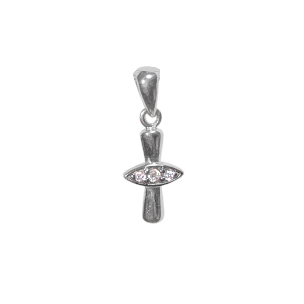 Highly Polished Sterling Silver Small Cross Pendant with Eye-Shaped Cubic Zirconia Center for Easter or Gift of Faith